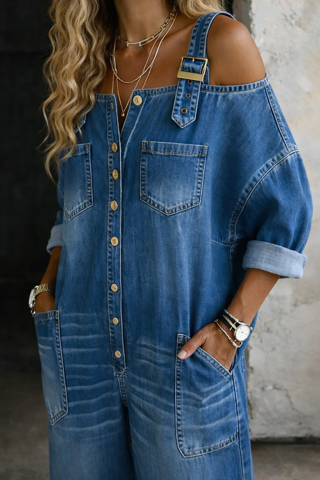 Demi | Jeans-Jumpsuit mit schulterfreien Trägern