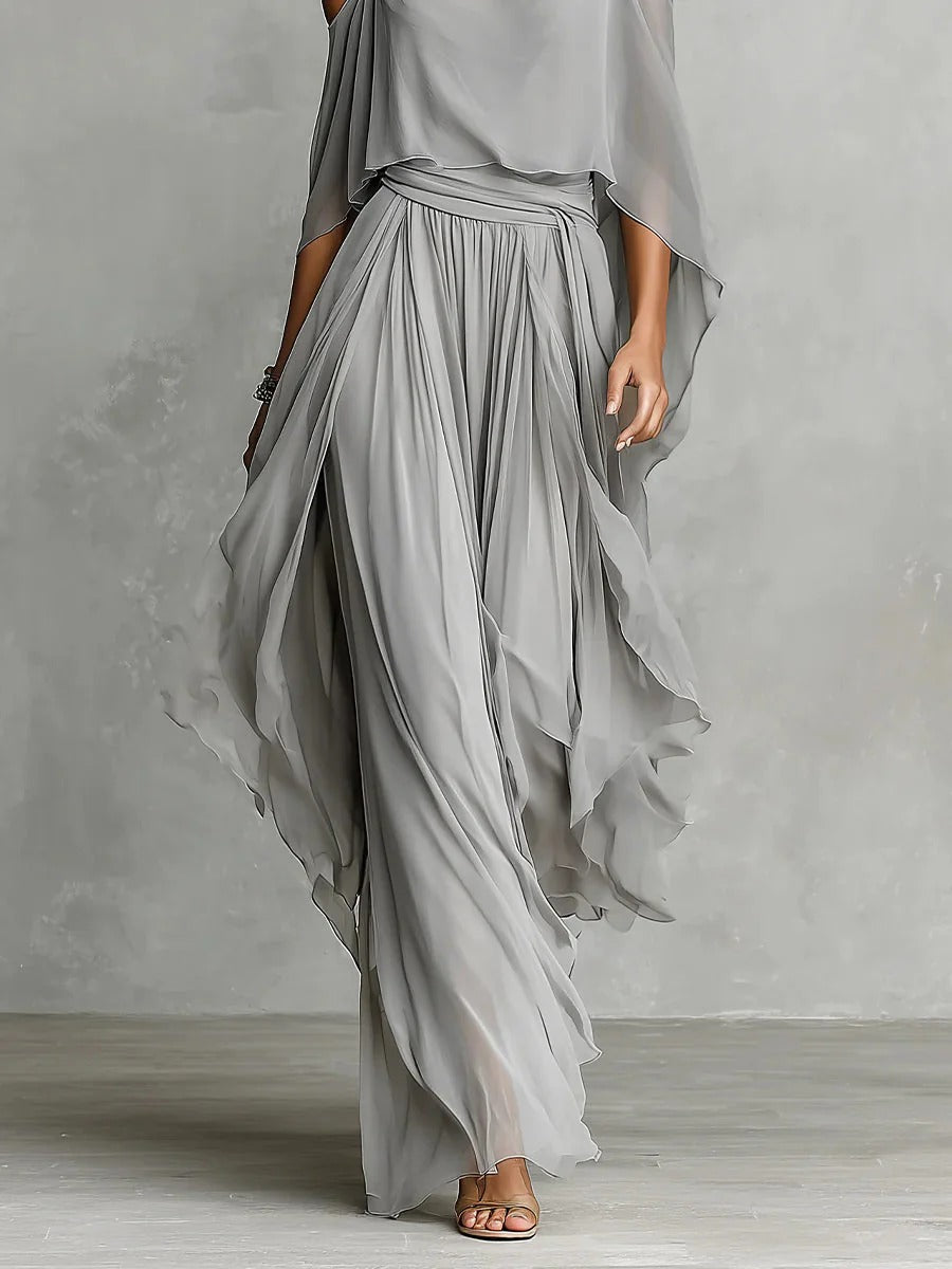 Isabela | Elegantes Graues Fluid Ensemble mit Spaghettiträgern & Leichter Hose