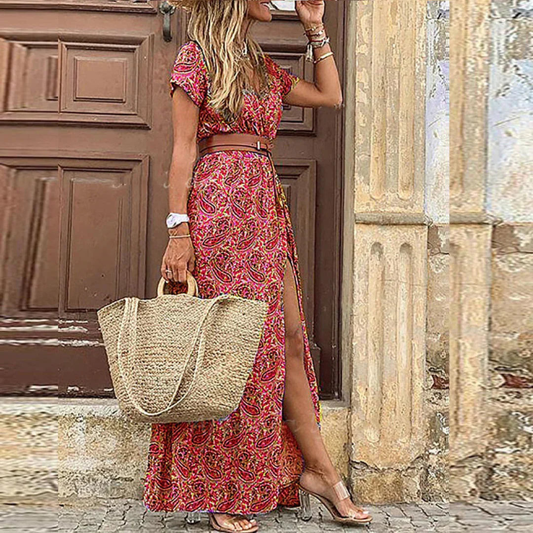 Justine™ – Langes, fließendes Boho-Kleid mit Gürtel