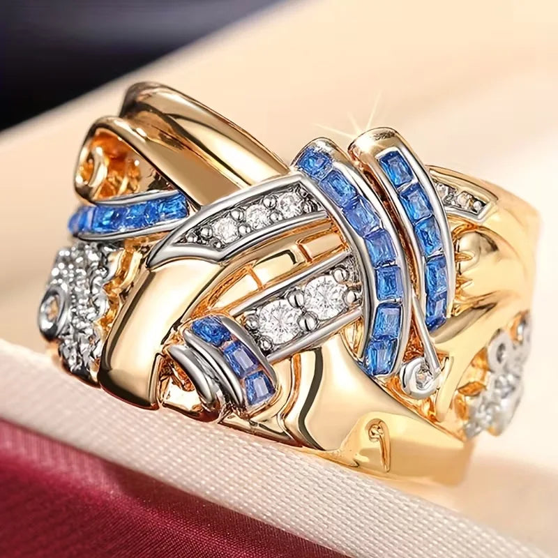 Selene | Luxe Mittlerer Osten KC Breite Blumenring mit Blauen Zirkonia-Einsatz